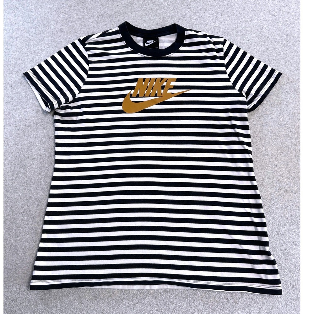 Nike T-Shirt Womens Large Black White Striped Gold Futura Logo Short Sleeve Tee